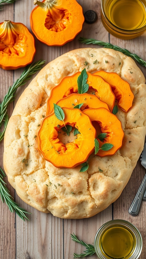 Pumpkin focaccia bread art topped with pumpkin slices and herbs on a rustic wooden table.